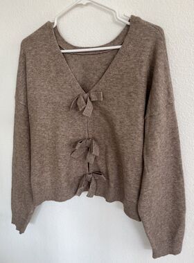 Unbranded Womens Beige Tie Front Cardigan Sweater Knit Bow V-Neck Balletcore